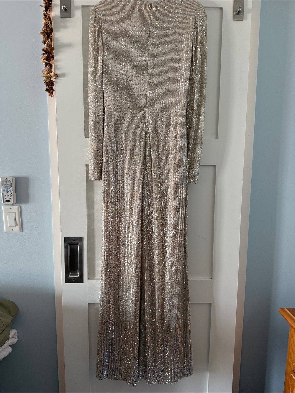 Mac Duggal Champagne Sequin Faux Wrap Long Sleeve Gown - Picture 5 of 8